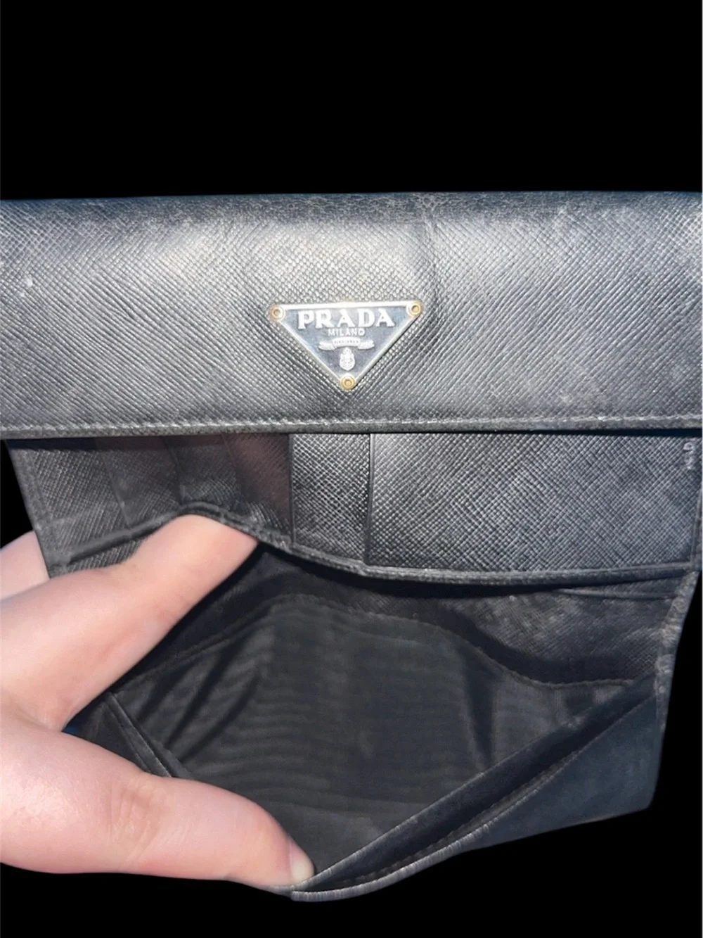 Authentic Prada Black Saffiano Leather Fold-Over Wallet